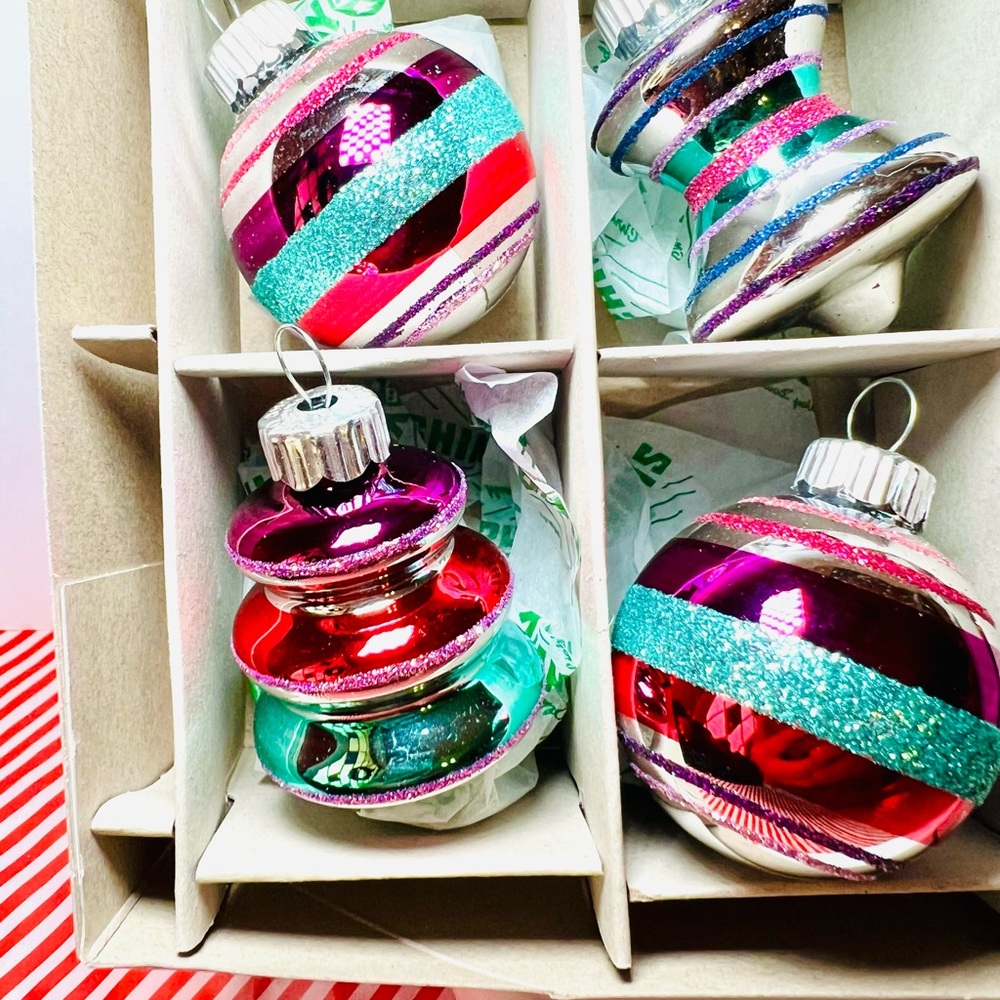 12 Radko Spools Bells Beehives Balls Glass Ornaments Pink Teal Purple Glitter - Picture 2 of 13